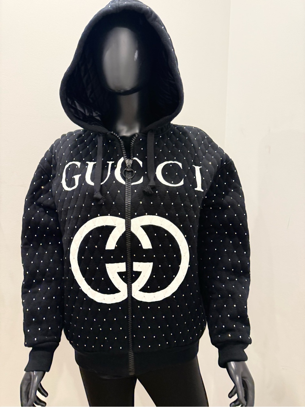 Gucci Crystal Rhinestone Quilted White Logo Zip Bomber Jacket Black XS NEW